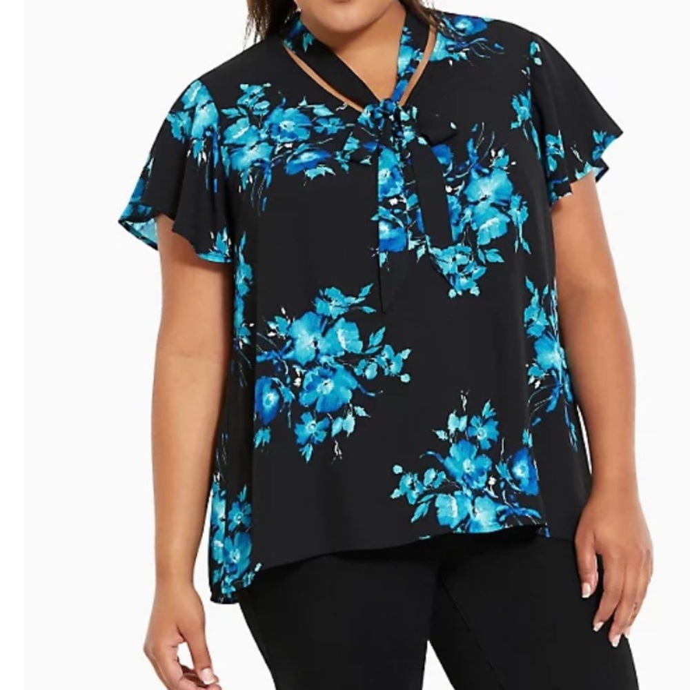 TORRID Black Blue Floral Neck Tie Top Size 2